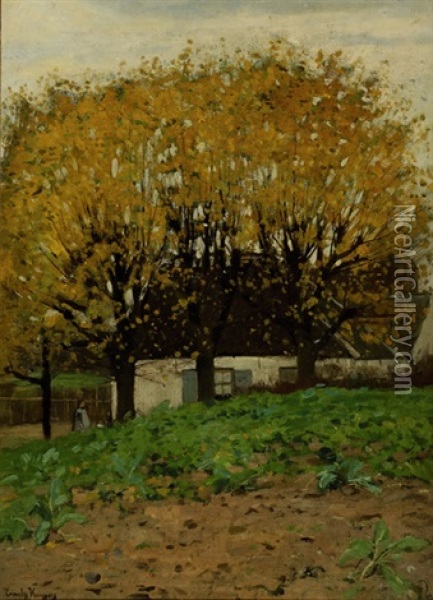 Girl Near A House Behind A Row Of Trees Oil Painting - Cornelis Kuypers