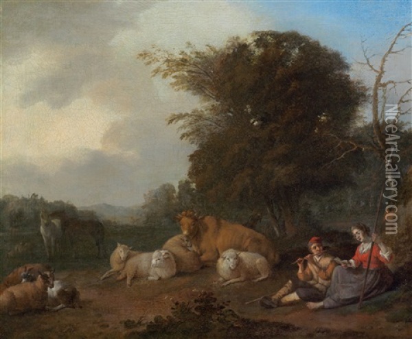 A Landscape With Resting Herders And Cattle Oil Painting - Jacob van der Does the Elder