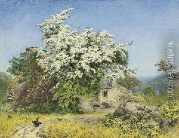 Springtime, A Ruined Cottage With A Tree In Blossom Oil Painting - William Eyre Walker