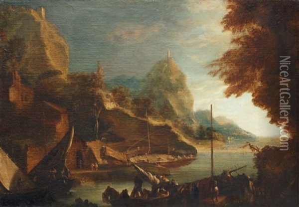 Hafen In Felsiger Landschaft Oil Painting - Marco Ricci