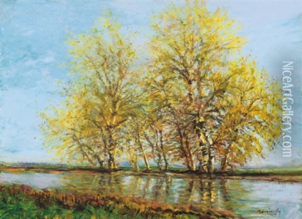 Koratavasz, Fak A Vizparton - Early Spring, Trees By The Water Oil Painting - Laszlo Mednyanszky