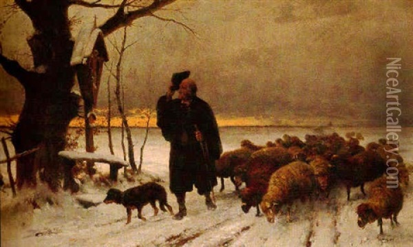 The Return Of The Flock, Sunset Oil Painting - Adolf Ernst Meissner