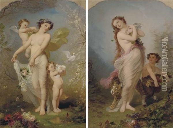 Allegory Of Spring (+ Allegory Of Autumn; Pair) Oil Painting - Andre Charles Voillemot