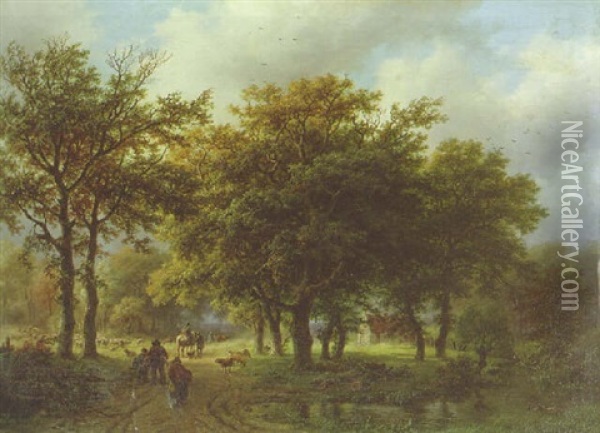 Country Folk In A Wooded Landscape Oil Painting - Barend Cornelis Koekkoek