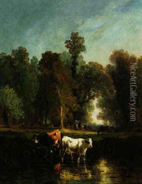 Vache A La Mare A L'oree De La Foret Oil Painting - Andres Cortes y Aguilar
