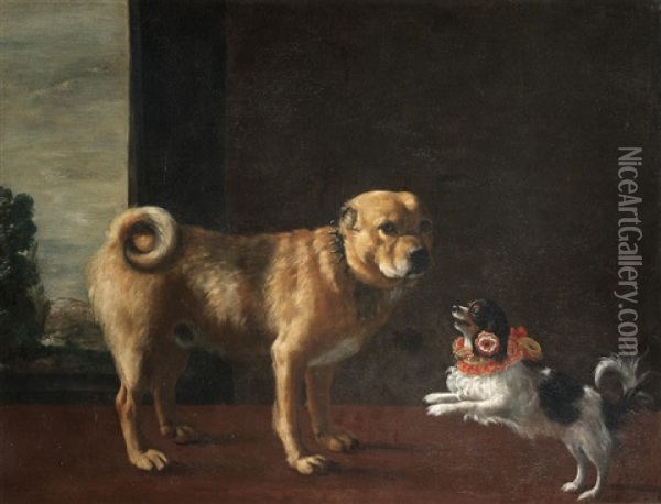 A Mastiff And A Tricolour Cavalier King Charles Spaniel In A Landscape Oil Painting - Michelangelo di Campidoglio