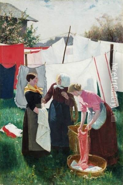 Auf Dem Waschetrockenplatz Oil Painting - Willibald Alfred Reuter