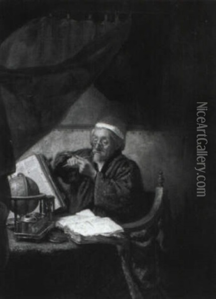 Scholar Seated At A Curtained Desk Oil Painting - Hendrik Heerschop