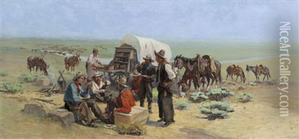 Cowboy Mess Camp Oil Painting - Oscar Edmund Berninghaus