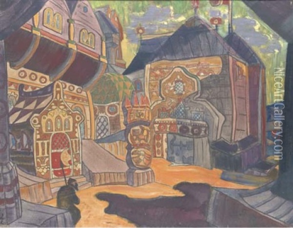 Prince Galitsky's Courtyard (set Design For Prince Igor): Oil Painting - Nikolai Konstantinovich Roerich