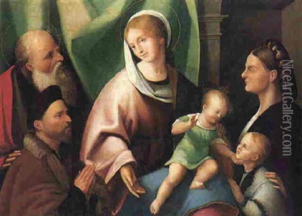 The Holy Family With A Donor And His Wife And Son Oil Painting - (Martino di Battista) Pellegrino da San Daniele