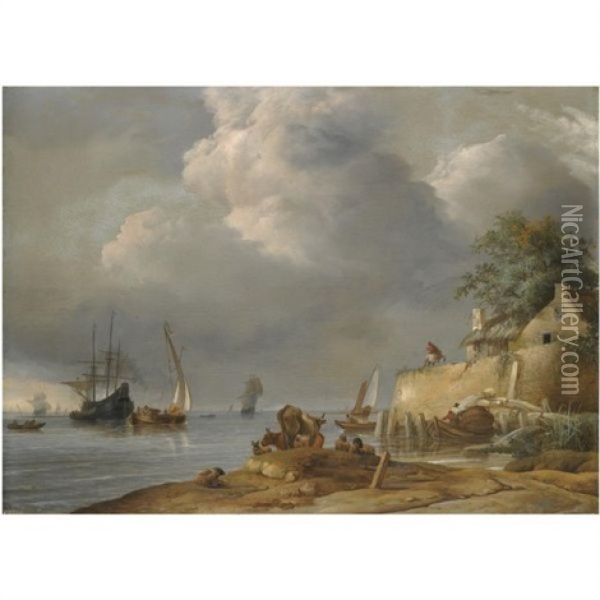 A Coastal Shipping Scene With Cattle And Sheep In The Foreground And A Man On Horseback Outside An Inn Oil Painting - Jan van Os