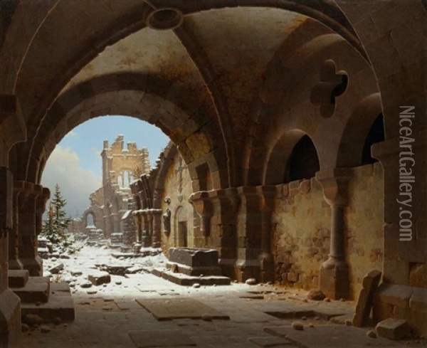 Blick Auf Die Kirchenruine In Halberstadt Im Winter Oil Painting - Carl Georg Adolph Hasenpflug