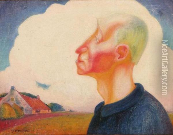 Farmer's Head In Profile In Front Of The Farmhouse Oil Painting - Jan-Frans Cantre