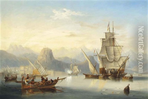 Local Craft And A Saluting Frigate In The Bay Of Rethymnon, Crete, With The Port Citadel Rising To The Left And Mount Ida Seen In The Distance Beyond Oil Painting - John Wilson Carmichael