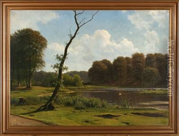 Quiet Summer Day With Grazing Cows Near A Stream Oil Painting - Georg Emil Libert