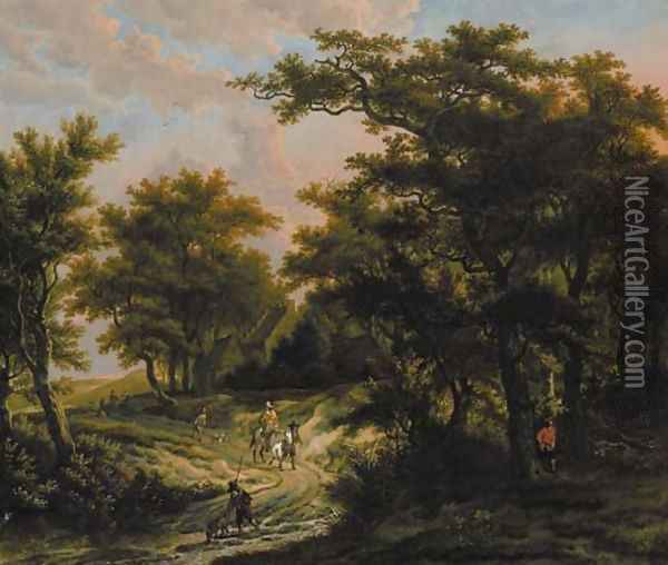 A wooded landscape with hunters by a cottage Oil Painting - Adriaen Hendricksz Verboom