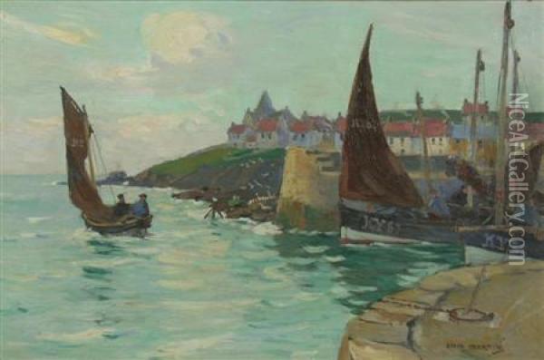 Fishing Boats Leaving Harbour Oil Painting - David Martin