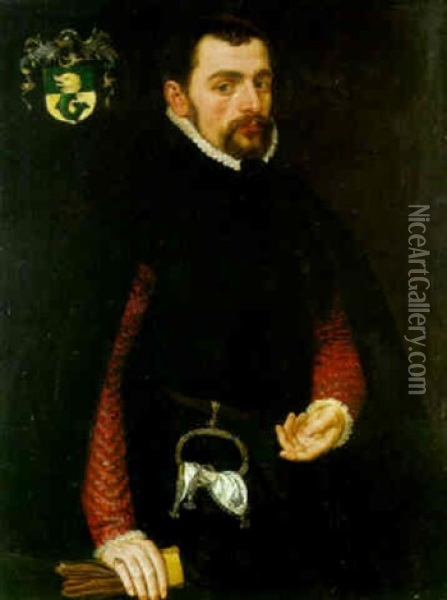 Portrait Of A Gentlman, In Black Doublet With Red Sleeves And Black Cape Oil Painting - Antonis Mor Van Dashorst