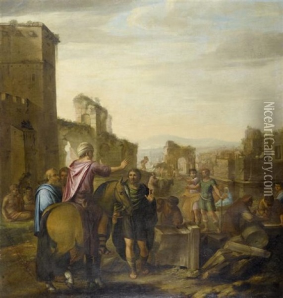 Handwerker Vor Einer Stadtansicht Oil Painting - Claes Cornelisz Moeyaert