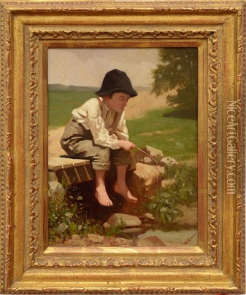 Little Boy Fishing (barefoot) Oil Painting - William Morgen