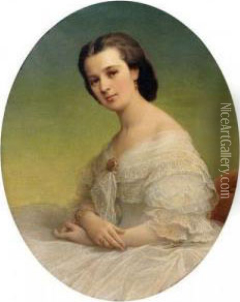 Portrait De Jeune Femme En Robe De Dentelle Blanche Oil Painting - Albert Wagner