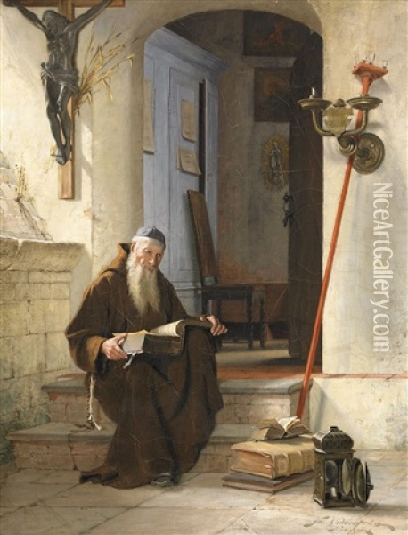 Klosterinterior Med Munk Oil Painting - Thure Nikolaus Cederstrom