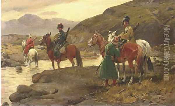 Kosaken am Wasser Cossacks crossing a river Oil Painting - J. Konarski