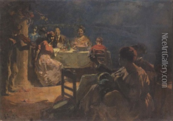 Figures Dining On A Balcony On A Mediterranean Night Oil Painting - Arnaldo de Lisio