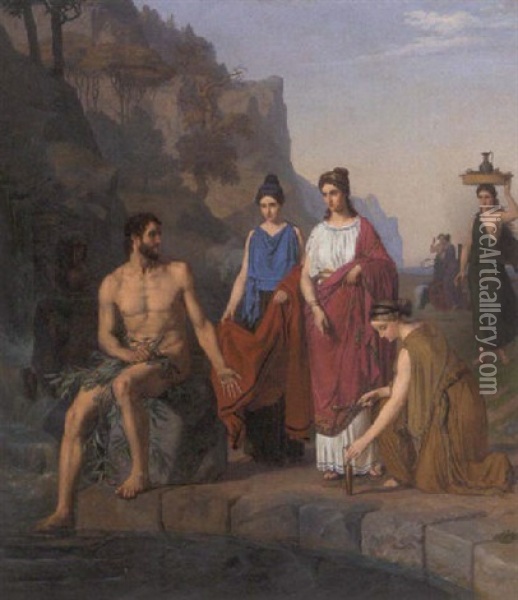 Nausikaa And Her Maids Bringing Clothes To The Shipwrecked Odysseus Oil Painting - M. Heinrich Eddelein