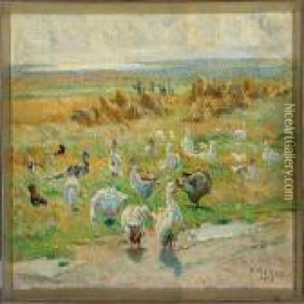 Grazing Geese Oil Painting - Borge C. Nyrop