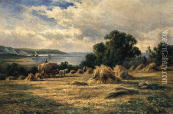 Harvesting On The Sussex County Near Eastborne Oil Painting - Henry H. Parker