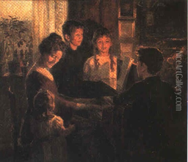 Interior Med Mor Og Born Ved Klaveret, Lampelys Oil Painting - Brita Barnekow