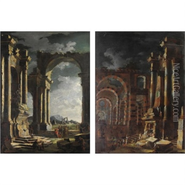 Capricci Architettonici Con Tombe Di Imperatori Romani (pair) Oil Painting - Leonardo Coccorante