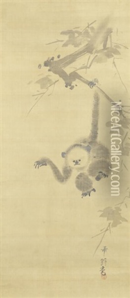 Gibbon Reaching For The Moon's Reflection Oil Painting - Katsuta Chikuo