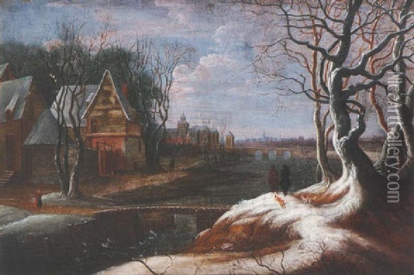 A Winter Landscape With A View Of Brussels Oil Painting - Theodore van Heil