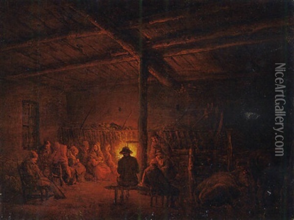 A Barn Interior With Peasants Around A Fire Oil Painting - Pehr Hillestroem