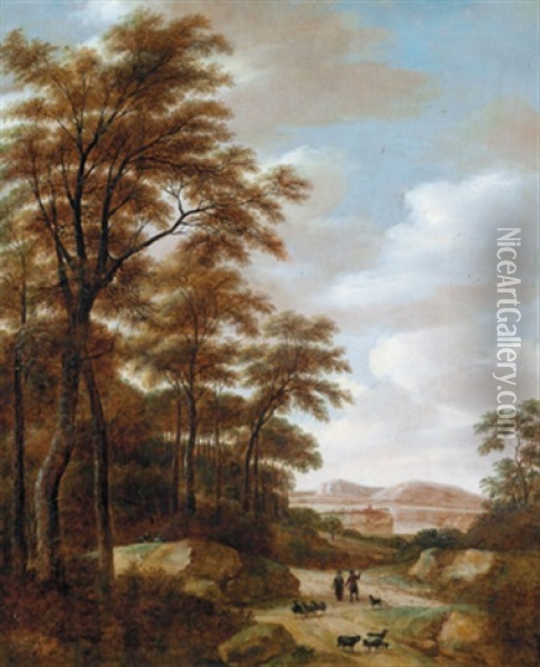 Bewaldete Fluslandschaft Mit Hirten Und Herde Oil Painting - Pieter Jansz van Asch