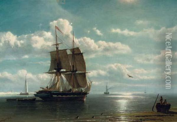 A Two-master By A Coast Oil Painting - Petrus Paulus Schiedges