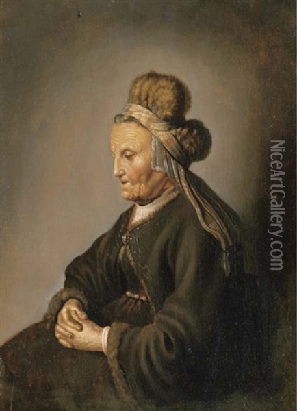 Portrait Of An Old Woman With A Fur Headdress And A Brown Coat Oil Painting - Gerrit Dou
