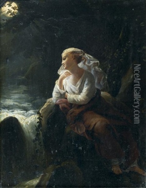 Jeune Fille Revant Au Bord D'une Cascade Au Clair De Lune Oil Painting - Pierre Claude Francois Delorme