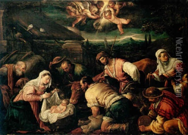 The Adoration Of The Shepherds Oil Painting - Gerolamo da Ponte Bassano
