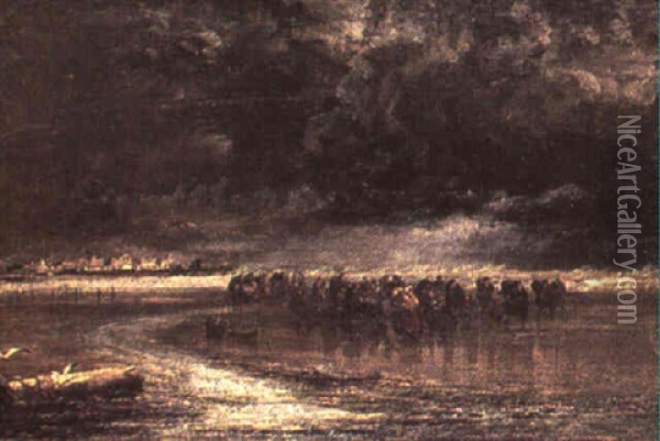 A Gathering Storm-bait Diggers Returning To St Valery Oil Painting - Arthur Joseph Meadows