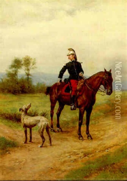 A Soldier On Horseback With A Dog Oil Painting - Etienne Prosper Berne-Bellecour