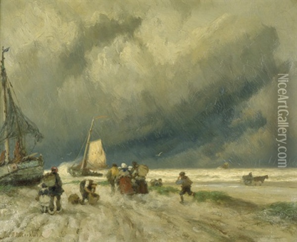 Fischer Am Strand Bei Sturmischem Wetter Oil Painting - Johannes Hermanus Barend Koekkoek