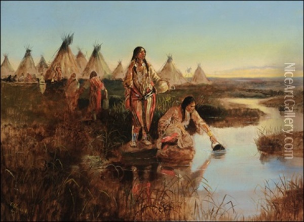 Water For Camp Oil Painting - Charles Marion Russell