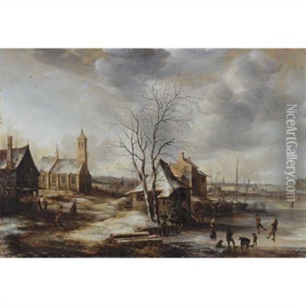 A Winter Landscape (amerongen?) With Skaters On A Frozen River And Figures Entering A Church To The Left, The Tower Of Rhenen Church In The Distance Oil Painting - Jan Abrahamsz. Beerstraten