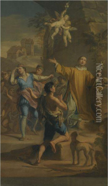 An Outdoor Scene With A Saint In Ecstatic Rapture, Surrounded Bydevotees Oil Painting - Jacopo Alessandro Calvi Il Sordino