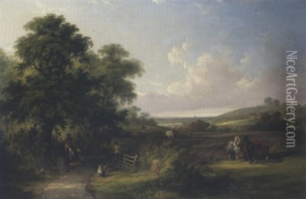 A Wooded Landscape With Horses And Figures Oil Painting - Charles Shayer