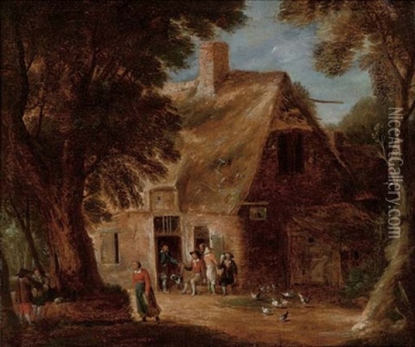 A Wooded Landscape With Boors Drinking By A Cottage Oil Painting - Joost Cornelisz. Droochsloot